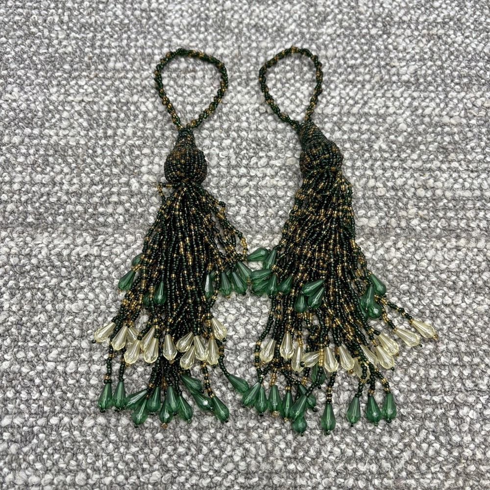 Beaded Curtain Tie Back Embellished Green Cream Brown‎ Tones VTG Beautiful Home